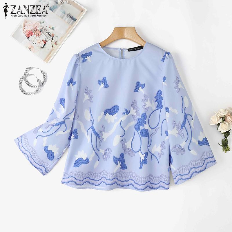 ZANZEA Women Casual Round Neck 3/4 Sleeve Loose Print Blouse