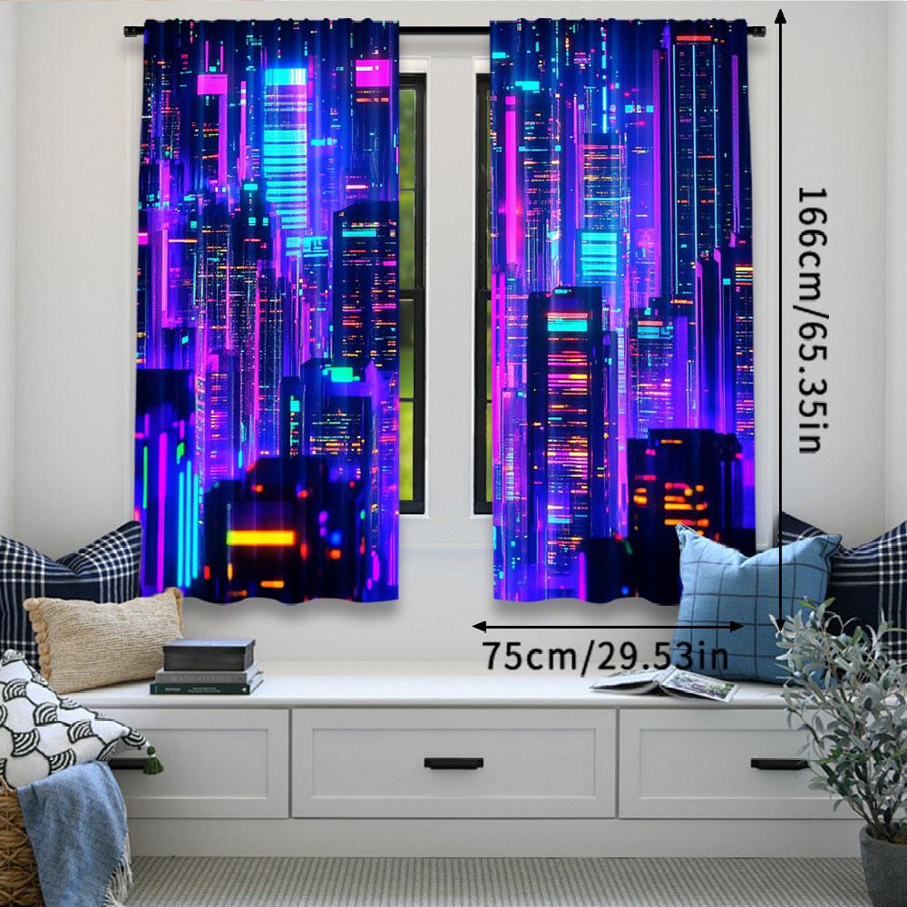 2Pcs Retro 80S Modern Punk Night City Curtain Futuristic Aesthetic Apply To Bedroom Living Room Office Dormitory A
