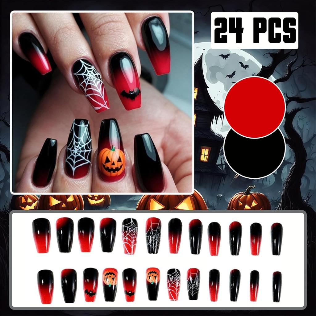 24Pcs Halloween Black Red Gradient Press On Nails Medium Square Fake Nails with Spider Web Bat Pumpkin Design False Nails Full Cover Horror Glue On