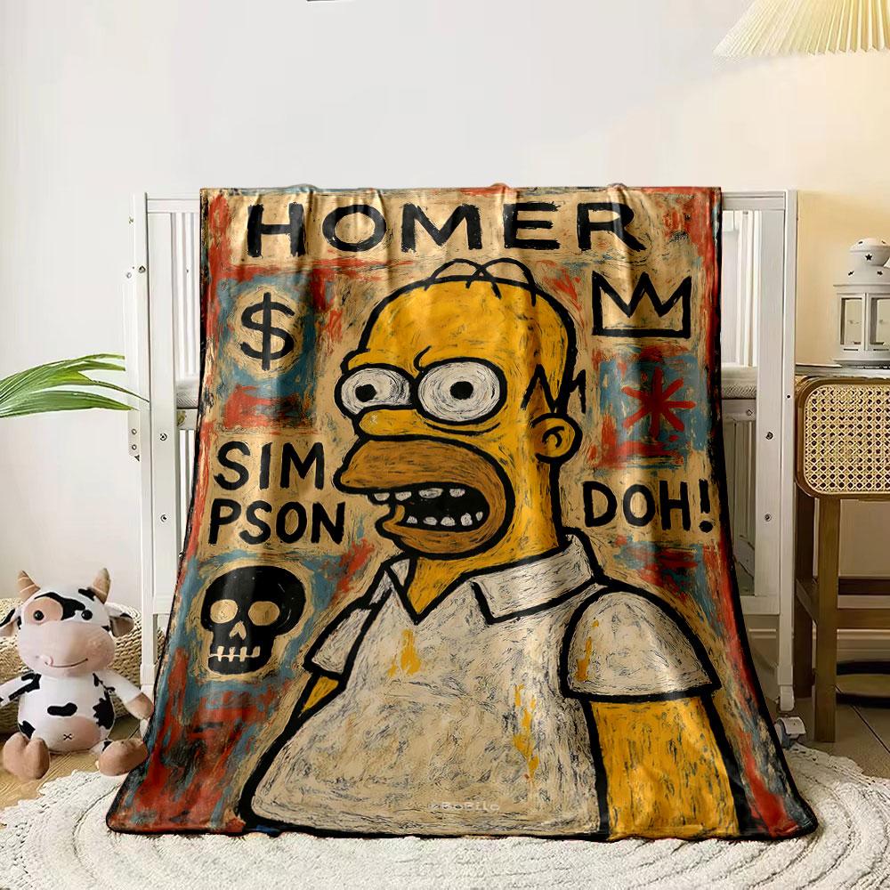 

Abstract painting of Homer Simpson surrounded by text and symbolic icons. for all seasons blanket lunch break throw gift 80cm x 120cm