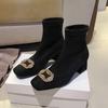 Suede rhinestone square buckle high-heeled elastic boots Korean version thin boots thick heel square head short boots women's autumn and winter sing