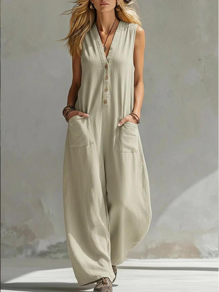 Sleeveless V-Neck Buttoned Linen Cotton Jumpsuit with Double Pockets for Casual Summer Holidays