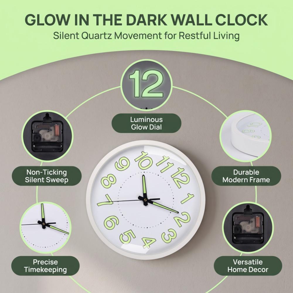12 Inch Wall Mounted Clock Plastic Frame Non-Ticking Clock Round Quiet Analog Clock Home Decor