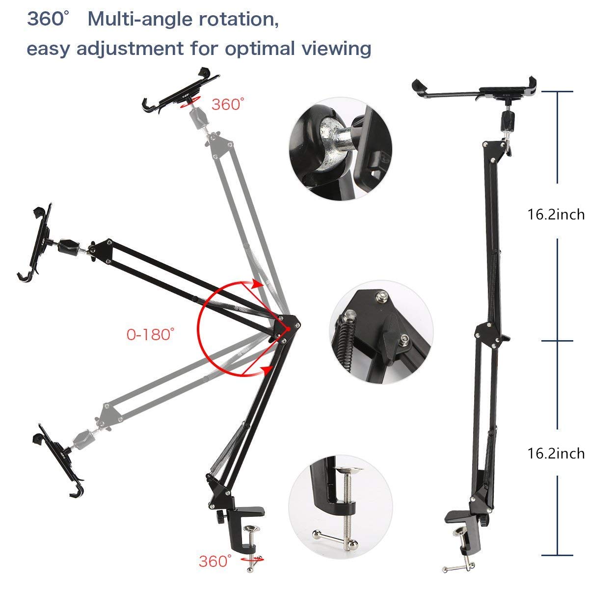 

360 Degrees Rotatable 4.4-7.7 inches Tablet Phone Holder Stand Adjustable Desk Clamp Bracket