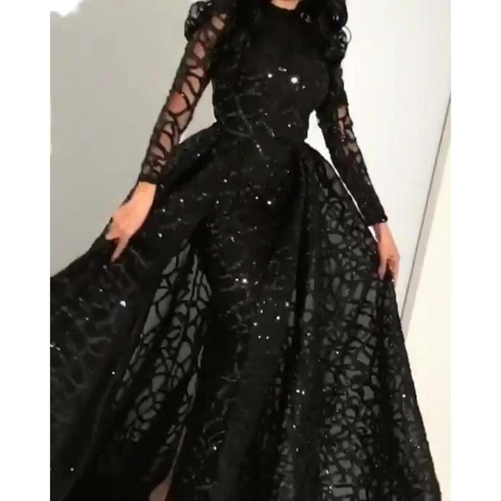 Spring Summer New European American Style Women's Long Sleeve Sequined Big Hem Evening Gown Formal Dress
