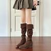 Over-knee boots women's winter fashion boots suede square head slope heel piled boots women's Korean version commuting two-wear pleated thin boots