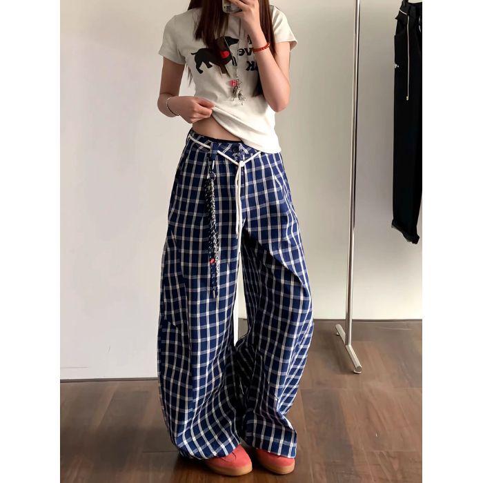 2026 Summer Women s Plaid Patchwork Scalloped Pants Large