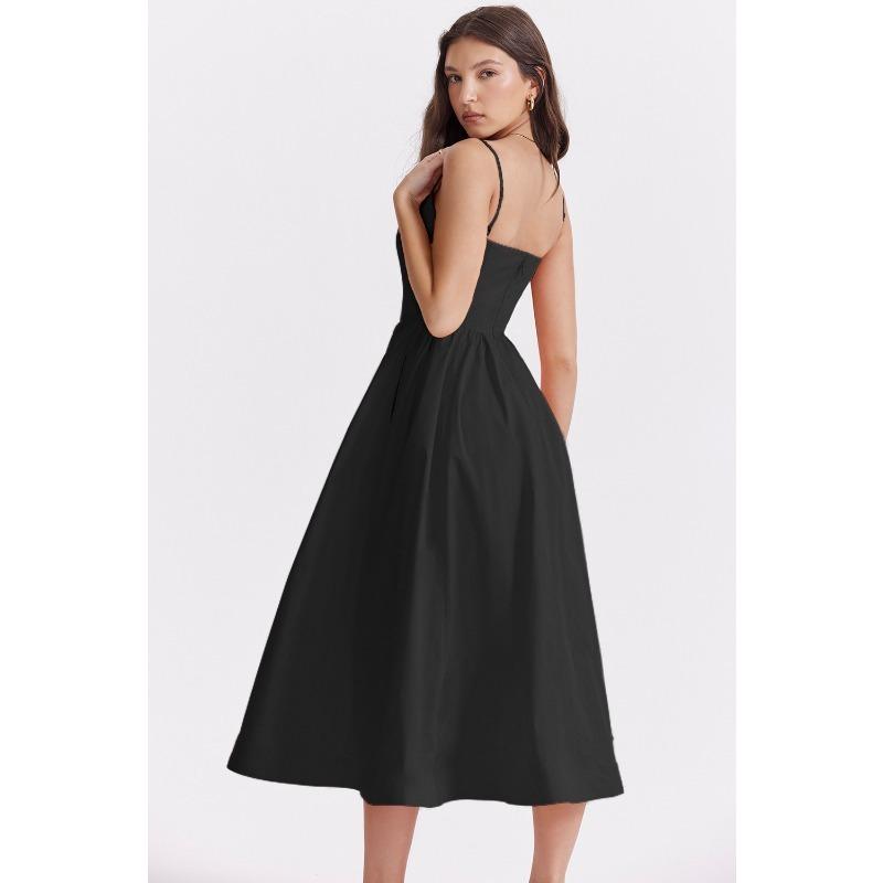 Vestido de Verão Solto com Suspensório Moda Novo Elegante Feminino Sem Mangas Decotado Linha A Vestidos de Festa Simples Cor Sólida Roupas Femininas