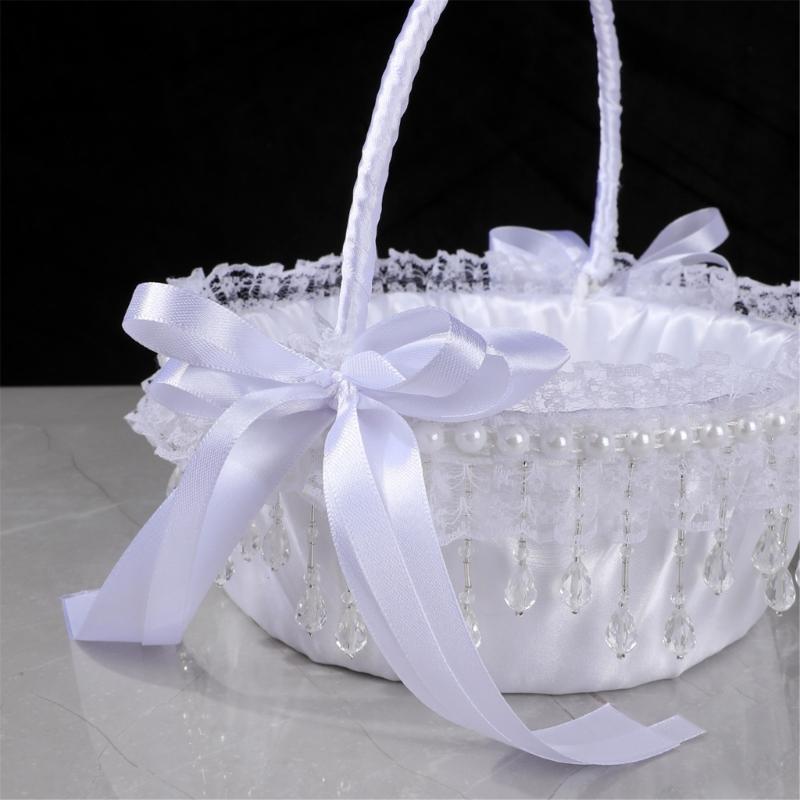 Elegant Crystal Pearls Tassels Basket For Wedding Party Decorations Handcrafted Floral Container With Silk Fabric