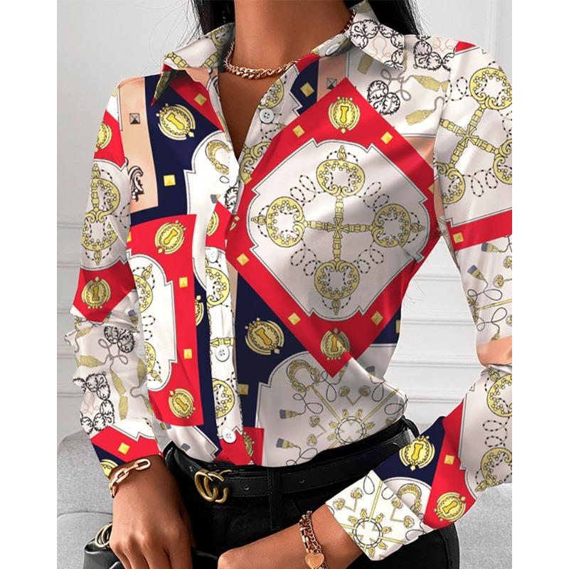 Women Fashion Wild Shirts Chain/Floral/Letter/Geometric Square Print Turn-Down Collar Long Sleeve Blouses