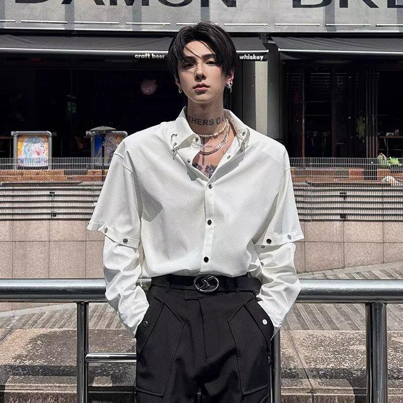 Men's Trendy Black Padded Shoulder Detachable Long Sleeve Shirt - Stylish, Rebellious Streetwear for Hairstylists.