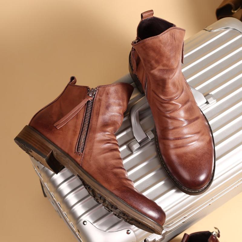 Luxury Men Boots Fashion Chelsea Boots High-top Tassel Zipper Men's Leather Shoes Designer Retro Men Ankle Boots Plus Size 38-48