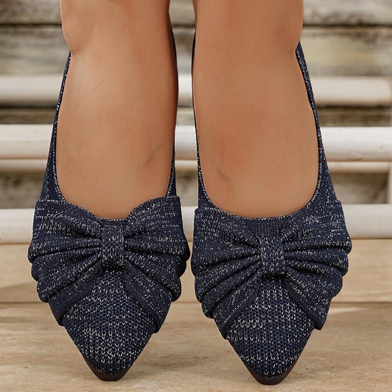 Women's Wide Width Flyknit Slip-On Flats - Bow Detail Low-Cut Loafers for Work, Breathable Casual Shoes