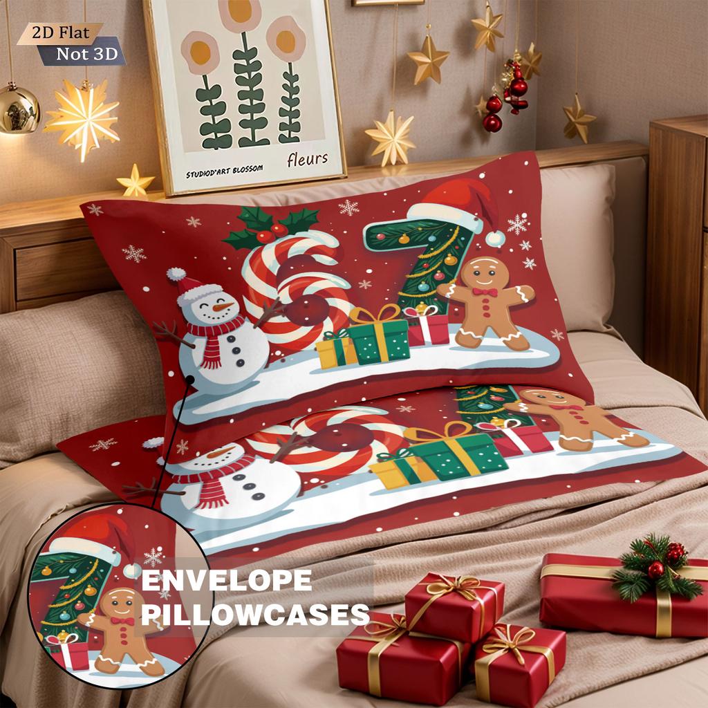 3pcs Happy Christmas Snowman Gingerbread Man Print Quilt Cover Set Multi Size Bedroom Bedding Decoration Machine Washable