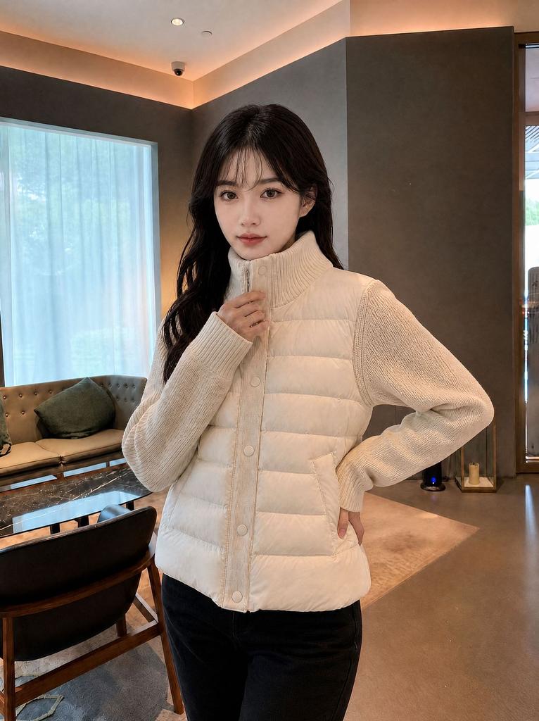Thin and light stand-up collar down cotton-padded clothes for women's winter new knitted sleeves splicing ribs clip cotton-padded jacket thickened cot