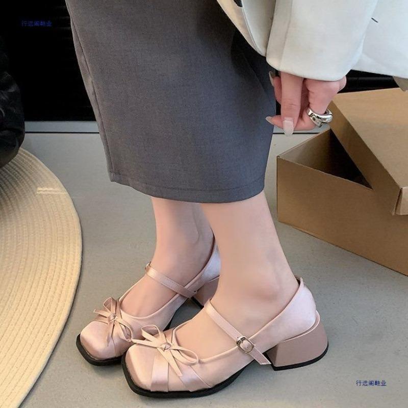Spring and Summer New Satin Bow Square Head Mary Jane Heels Horseshoe Heel One-word Buckle Single Shoes