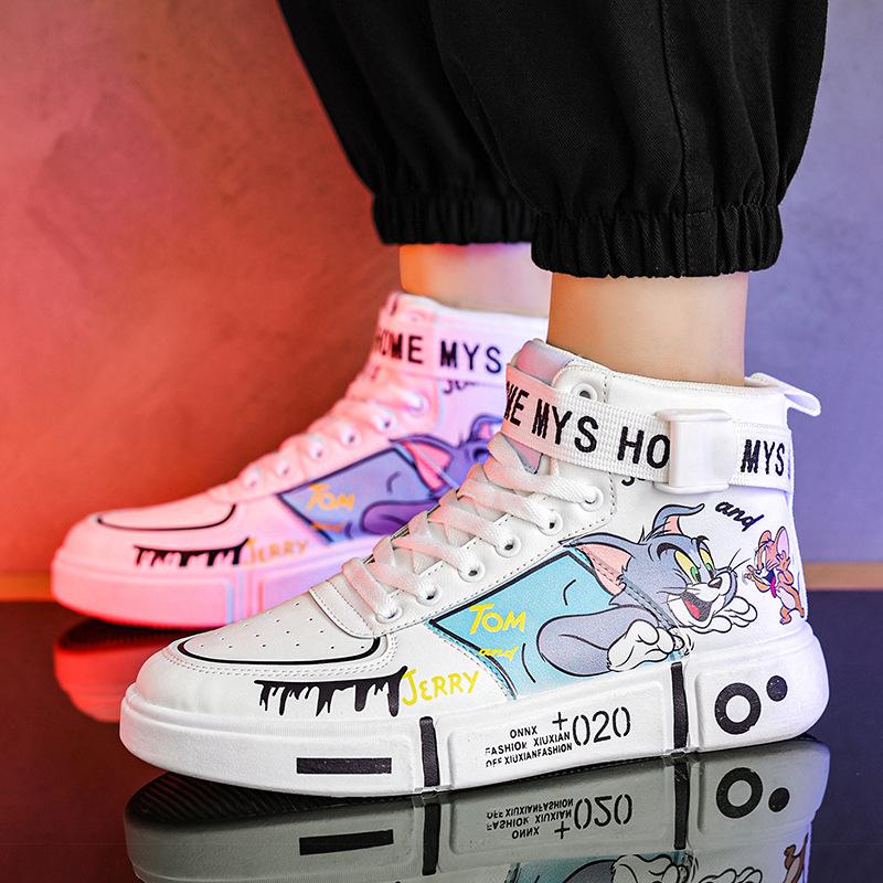 Scarpe alte con animazione di gatto e topo cartone animato scarpe bianche basse casual scarpe sportive per coppia scarpe da skate