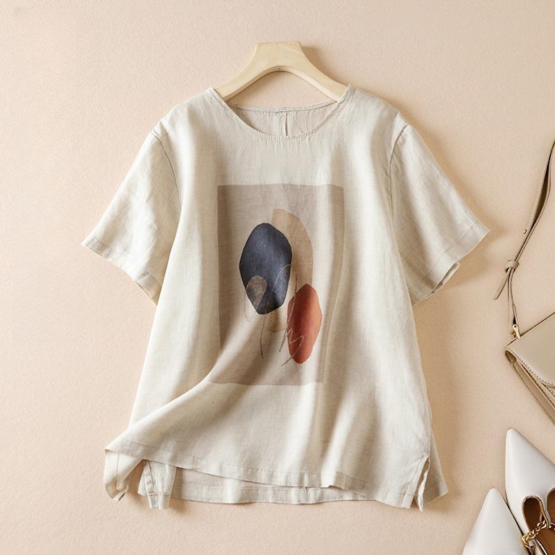 

Summer Thin Cotton and Linen Literary Printing Loose and Thin Blouse Short-sleeved T-shirt Women XS бежевий