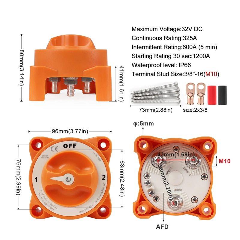 A58Z For Marine Boat RV Battery Disconnect Switch 32V AFD Selector 4 Position Terminal Stud M10 With Cable Lug& Heat Shrink