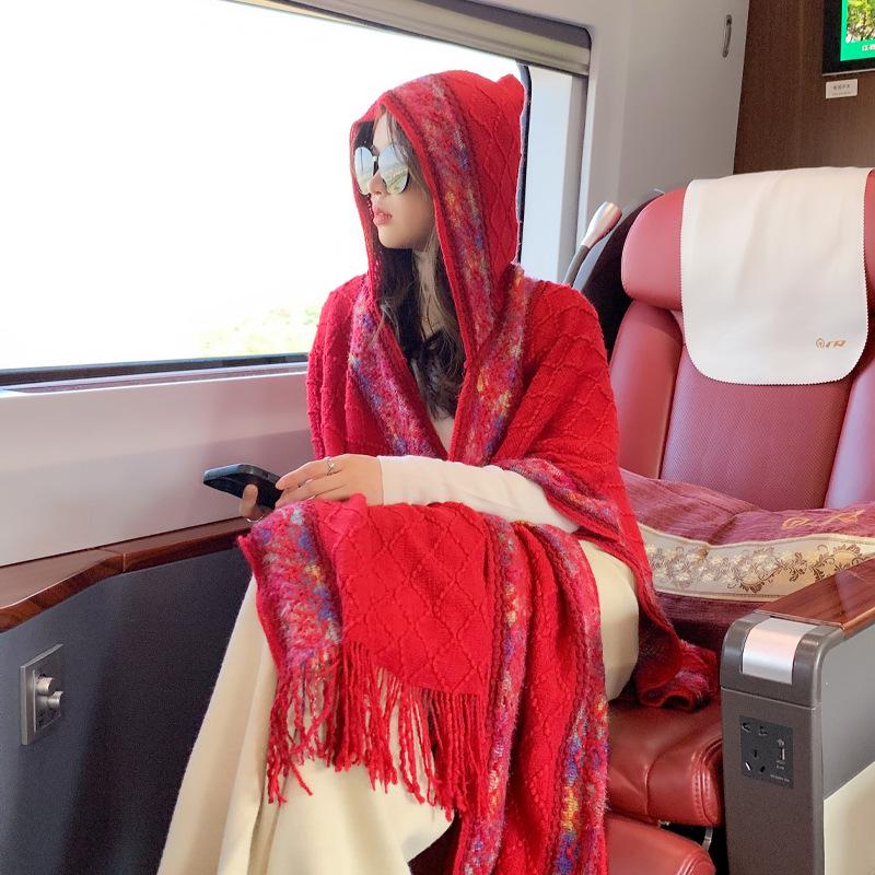Casual Dark Pattern Hooded Shawl: Versatile, Comfortable, Breathable, Warm, Simple Fashion Scarf-Cape.