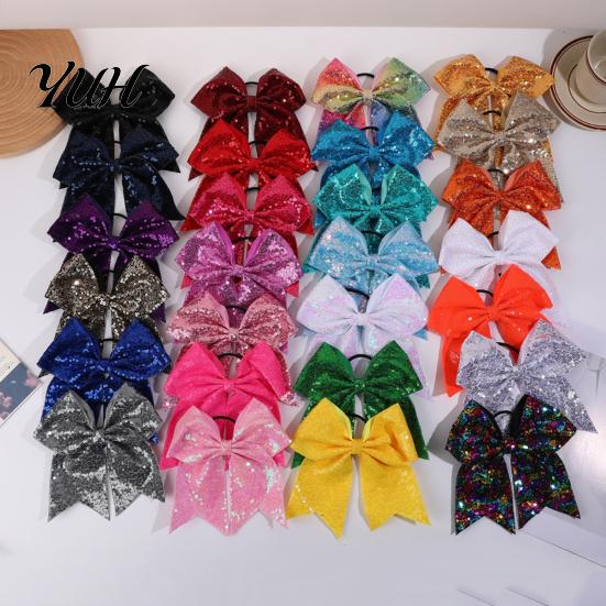 Stage Costume Accessories Sequins Hair Bows, Elastic Tie, Large Cheerleading Shiny Bows for Girls Band Ponytail Holder, Glitter Scrunchies Women Teens