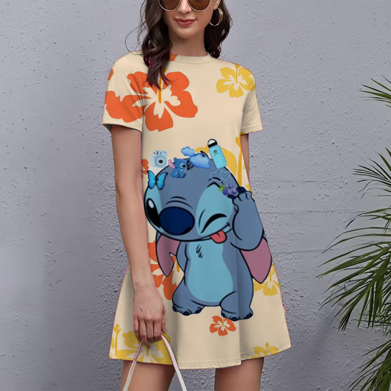 Šaty s potlačou Stitch pre ženy 2025 Nový rok Krátke rukávy O-výstrih Šaty Oversized Dámske Vianočné Zábavné Dámske Párty šaty 7XL