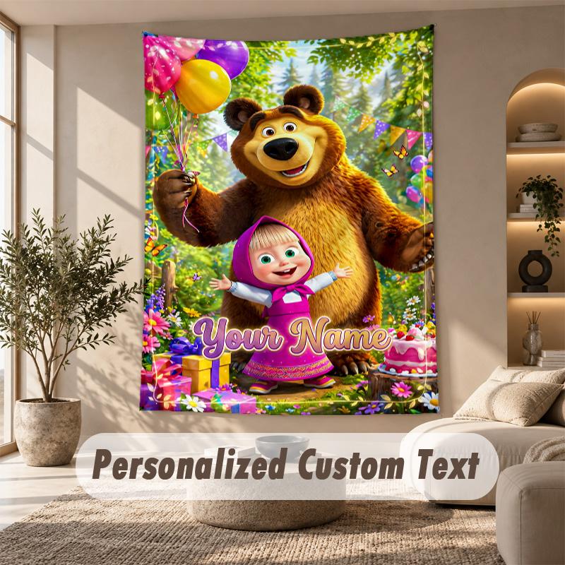 Masha and the Bear Tapestry, Personalized Custom Text, Wall Hanging Tapestry For Living Room Home Wall Decor