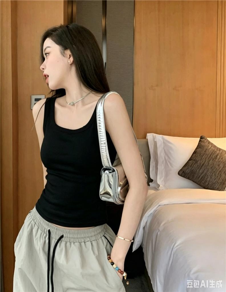 #Summer new solid color Spice Girl wind wide shoulder strap U-neck vest slim fixed belt chest pad versatile top