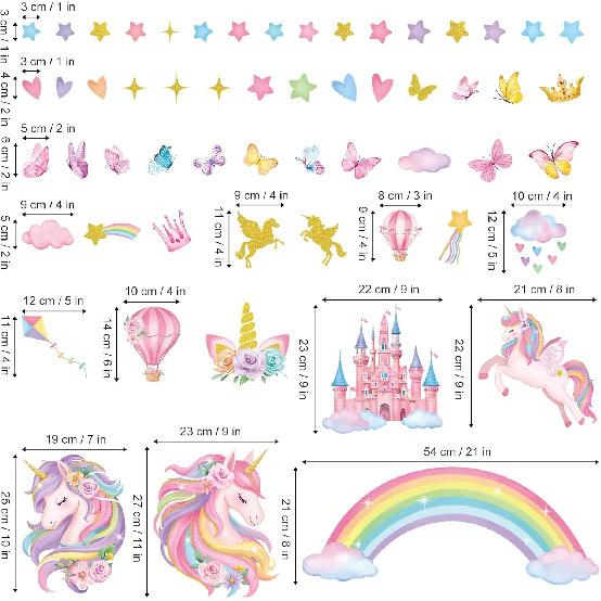 Decalmile Rainbow Unicorn Window Clings Castle Hot Air Balloon Butterfly Clouds Window Decals Girls Bedroom Baby Nursery Kids Room Window Stickers