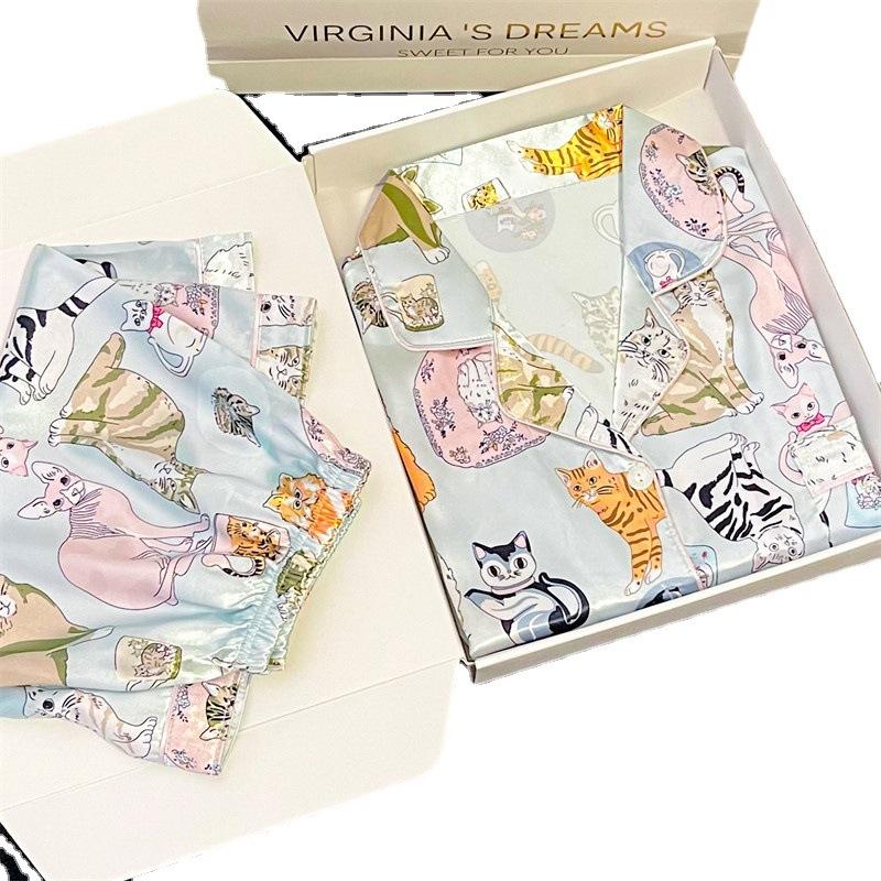 Cute Cat Ice Silk Pajamas Women'S Summer Short-Sleeved Shorts Loungewear Two-Piece Suit Can Be Worn Outside