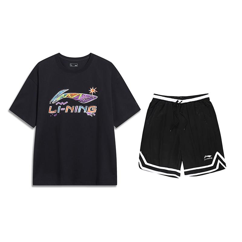 

Li-Ning American Hand-Painted Logo Round Neck Short Sleeve Loose Striped Comfortable Shorts Casual Sports Suit Unisex suit Black AHSU745-1+YAPV001-1 M