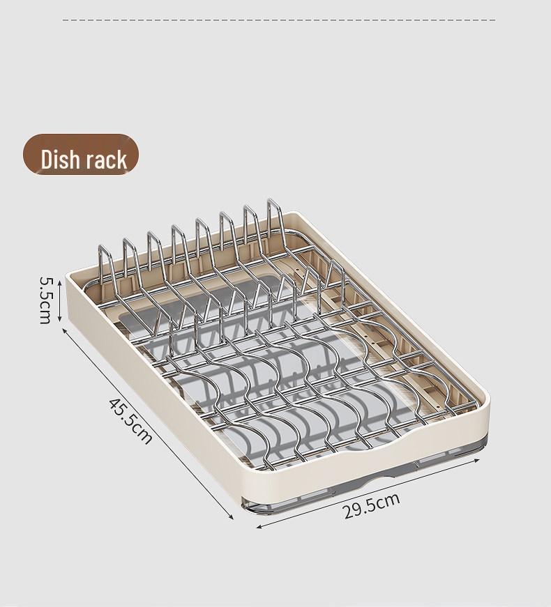 Pull-Out Kitchen Cabinet Dish Rack with Built-in Shelf and Draining Basket