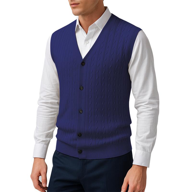 Herbst Herren Zopfstrickweste V-Ausschnitt Knopfleiste Ärmellos Strickweste Outdoor Business Leicht Streetwear