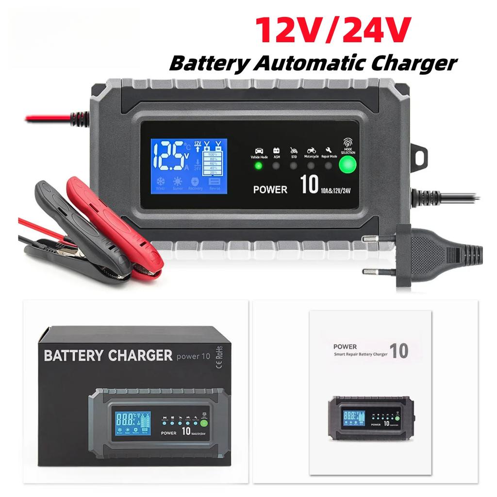 12V/24V 10A Automatyczna Ładowarka Akumulatora Samochodowego Mokry Suchy Kwasowo-Ołowiowy Litowy Wyświetlacz LCD Inteligentna do Ciężarówki Motocykla Ładowanie Test Akumulatora