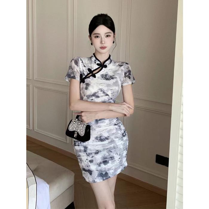 

Retro Tie-Dye Graffiti Cheongsam Dress with Frog Buttons - Women s Summer Slim Waist Short Skirt Large