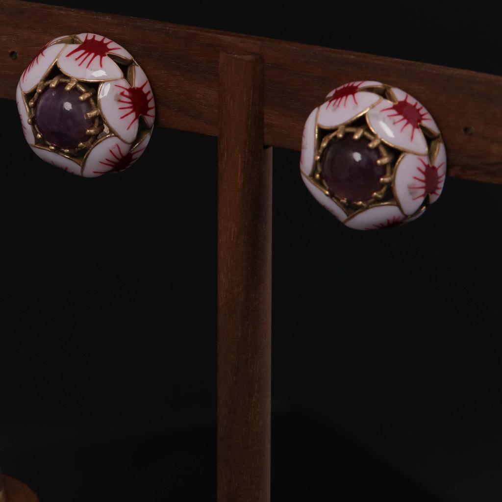 Medieval Vintage High-Grade Copper Gold-Plated Pink Natural Stone Powder Enamel Lotus Ring Earrings Set
