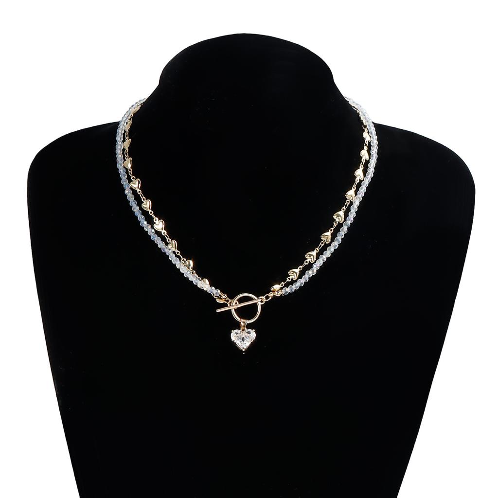 Double Layered Heart Crystal Beads Choker Necklace for Women Love Pendant OT Buckle Party Boho Jewelry Accessories