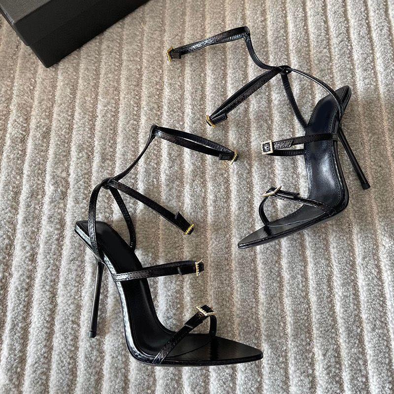 High heels women's 2025 open-toed rhinestones one-word buckle women's shoes stiletto Roman style black sexy sandals