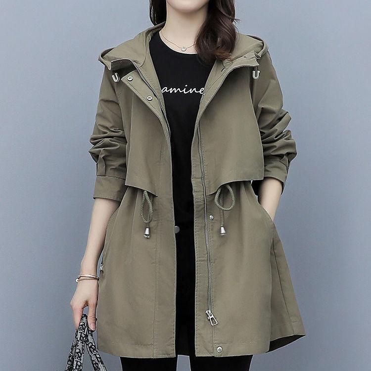 Women's Long Windbreaker Spring Autumn Loose Casual Fashion Military Coffee Color Hooded Jacket