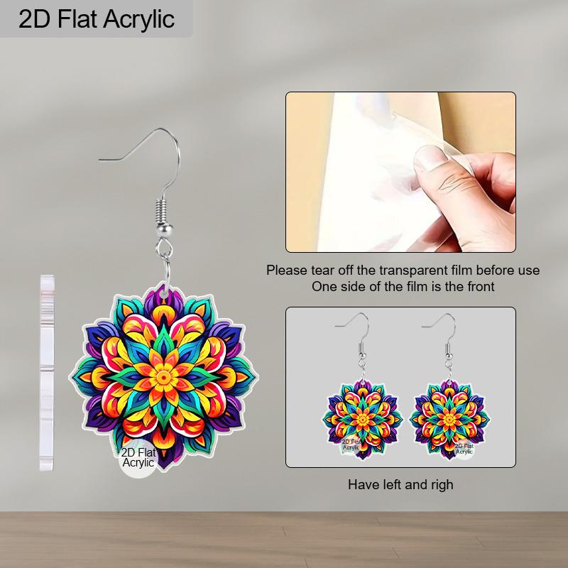 2D Flat Jewelry Cartoon Colorful Mandala Flowers Pattern Dangle Earring Daily Outfits Party Accessories Perfect Gift for Family/ Friends