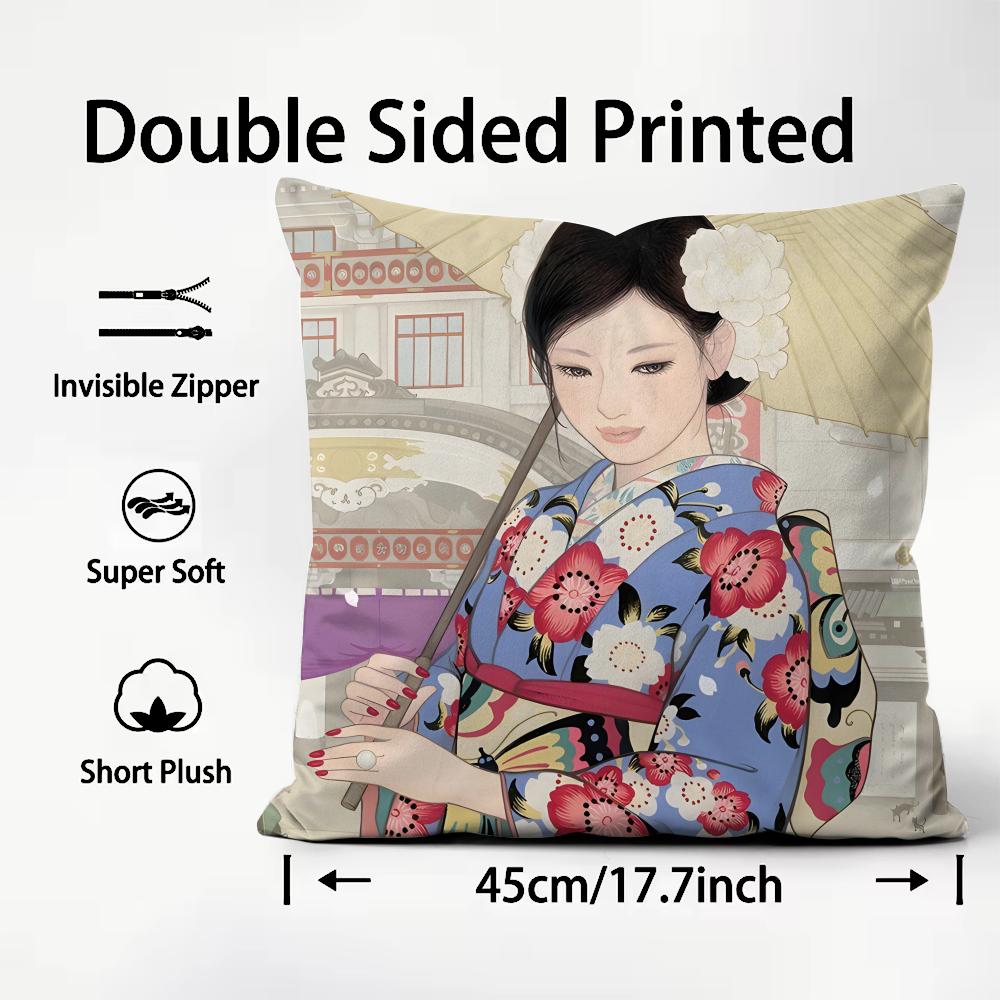 Kimono Girl Japanese Style Cushion Cover Plush Fabric Soft DoubleSided Printed Sofa Warm Winter Home Child Gift Pillow Case