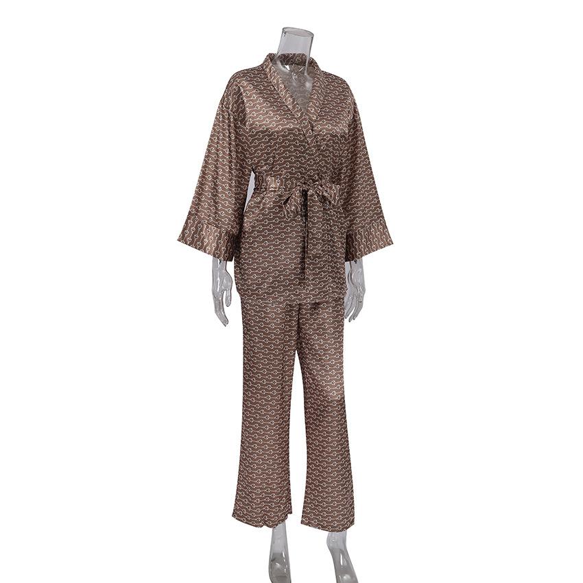 Autumn European Style Satin Print Pajamas Set Women's Loose Homewear Cardigan Robe Long Pants Cool Feel Nightwear For Casual Outing