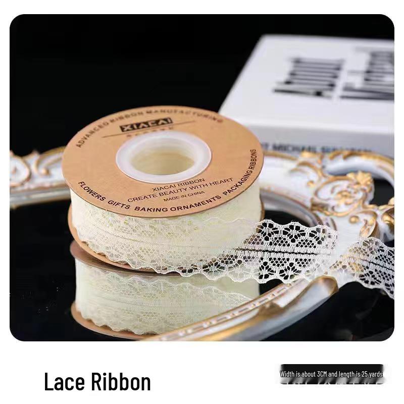 3cm Lace Edge Ribbon for Bouquet & Cake Decor, DIY Bow Streamer - Flower Design 25 & 50 Size