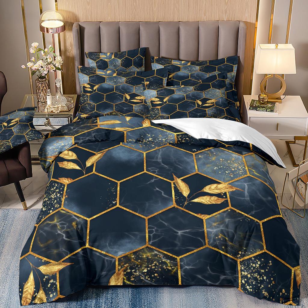 3D Digital Printing Light Luxury Geometric Honeycomb Stone Pattern Bedding Quilt Cover Three-Piece Set