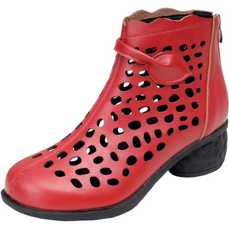 

Женские Весенние Летние Ботильоны на Блочном Каблуке Кожаные С Вырезами Круглый Носок Свободные Дышащие Пещерные Ботинки Высокие Сандалии 35 красный