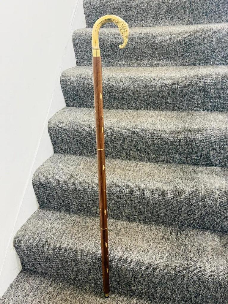 Walking Stick Black Twisted Pole With A Brass Elephant Head Comfortable Handle.