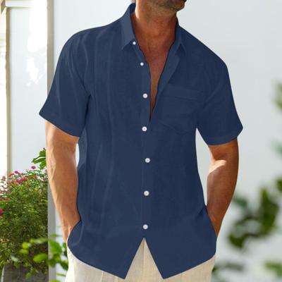 Men Shirt Lapel Collar Solid Color Button Loose Single-breasted Short Sleeves Soft Mid Length