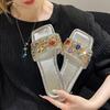 Fashion Summer Rhinestone Slippers Street Blue Leather Square Toe Flat Sandals Luxury Waterproof Outdoor Slippers Women Slippers Sandals