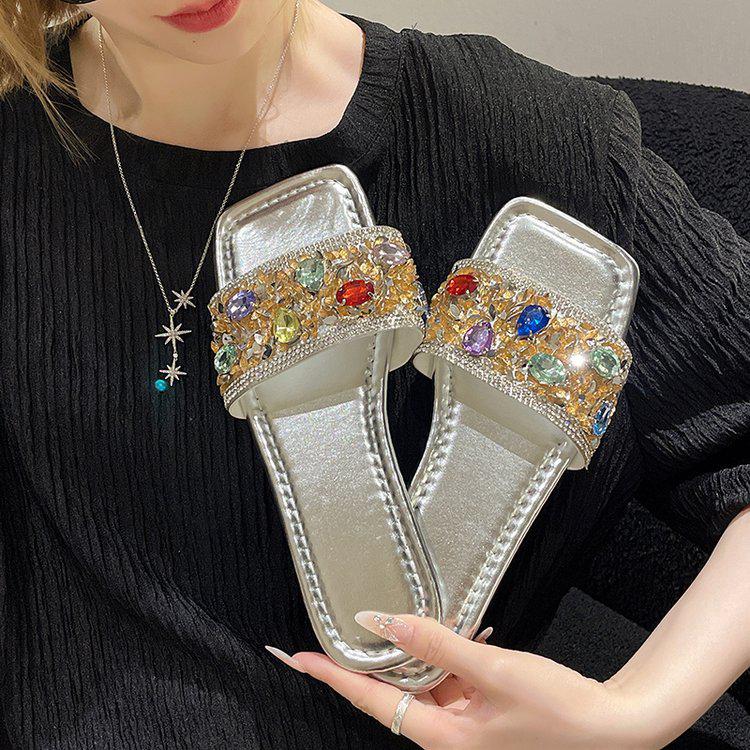 Fashion Summer Rhinestone Slippers Street Blue Leather Square Toe Flat Sandals Luxury Waterproof Outdoor Slippers Women Slippers Sandals