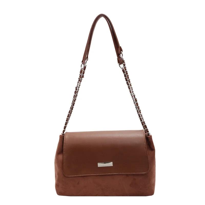 Fashionable PU and Faux Suede Solid Chains Sweet Shoulder Bags High Quality Warm Retro Simple Crossbody Bags for Women